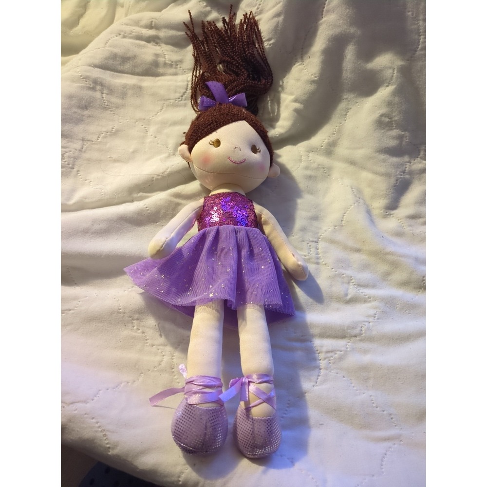 Linzy Toys  Plush Doll Ballerina Purple Sequin Top Brown Yarn Hair Sewn Eyes 14"